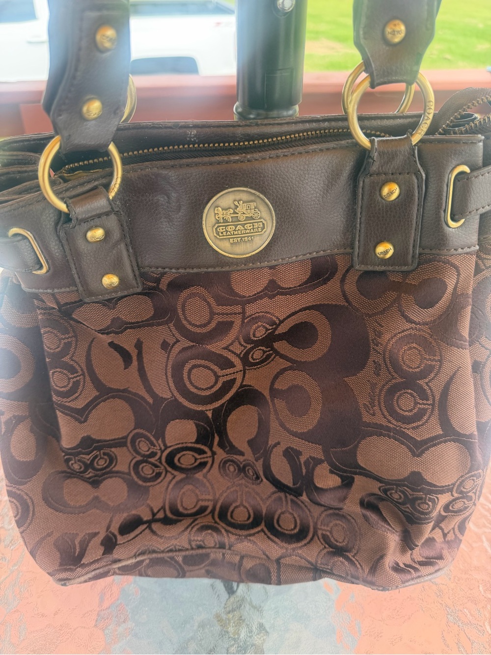 Coach Brown Signature Jacquard Tote with Dark Leather Trim
